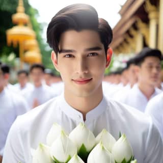 in white shirt holding white flowers