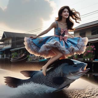 in a dress riding on a fish