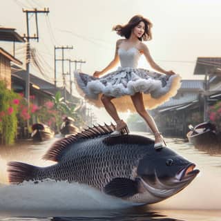 in a dress riding on top of a fish