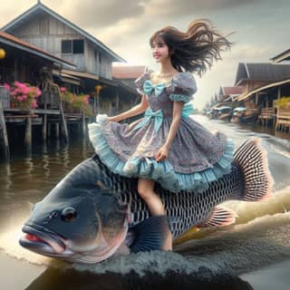 a girl in a dress riding on a fish