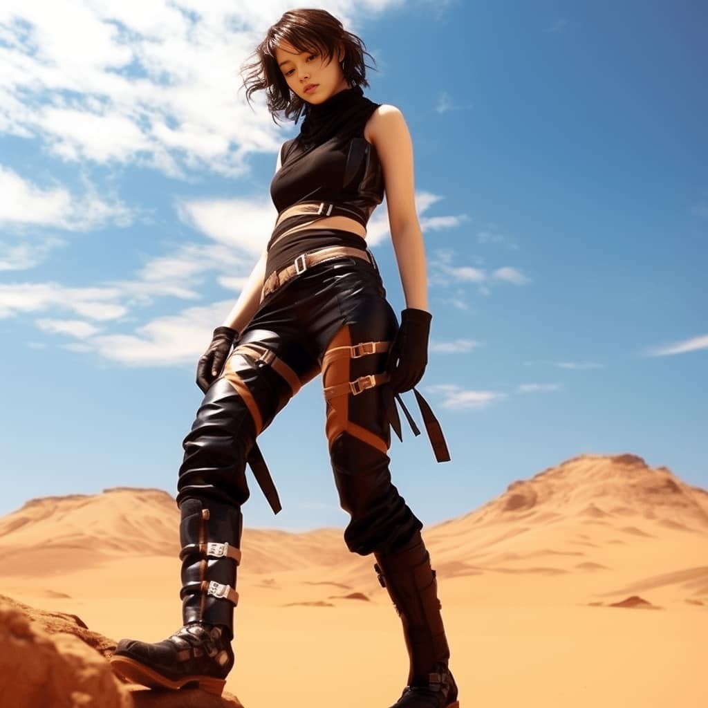 in leather pants and boots standing on a rock in the desert