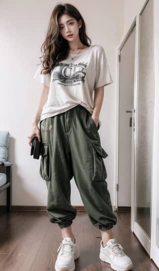 A pessoa está usando uma camiseta branca e calças cargo verdes.