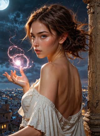woman in a white dress holding a magic wand