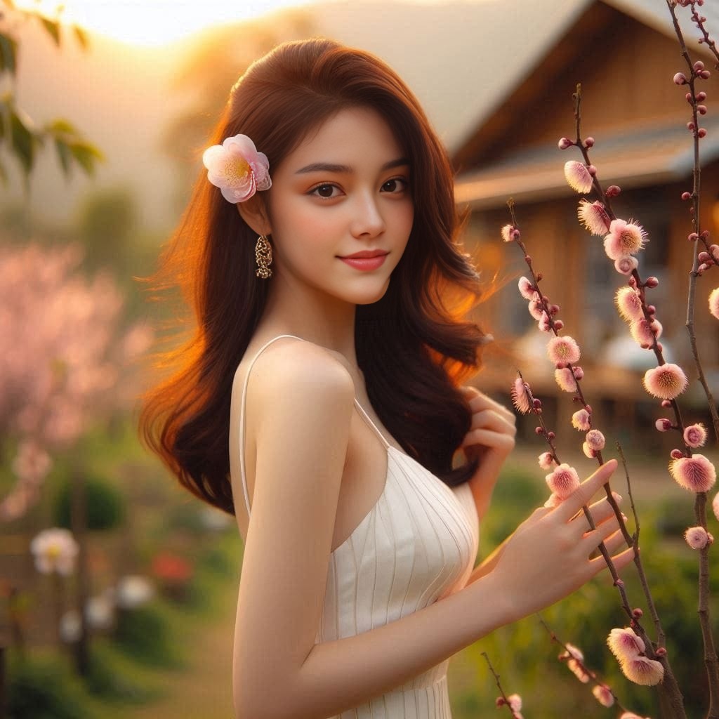 Mulher em vestido branco adornado com flores cor-de-rosa.