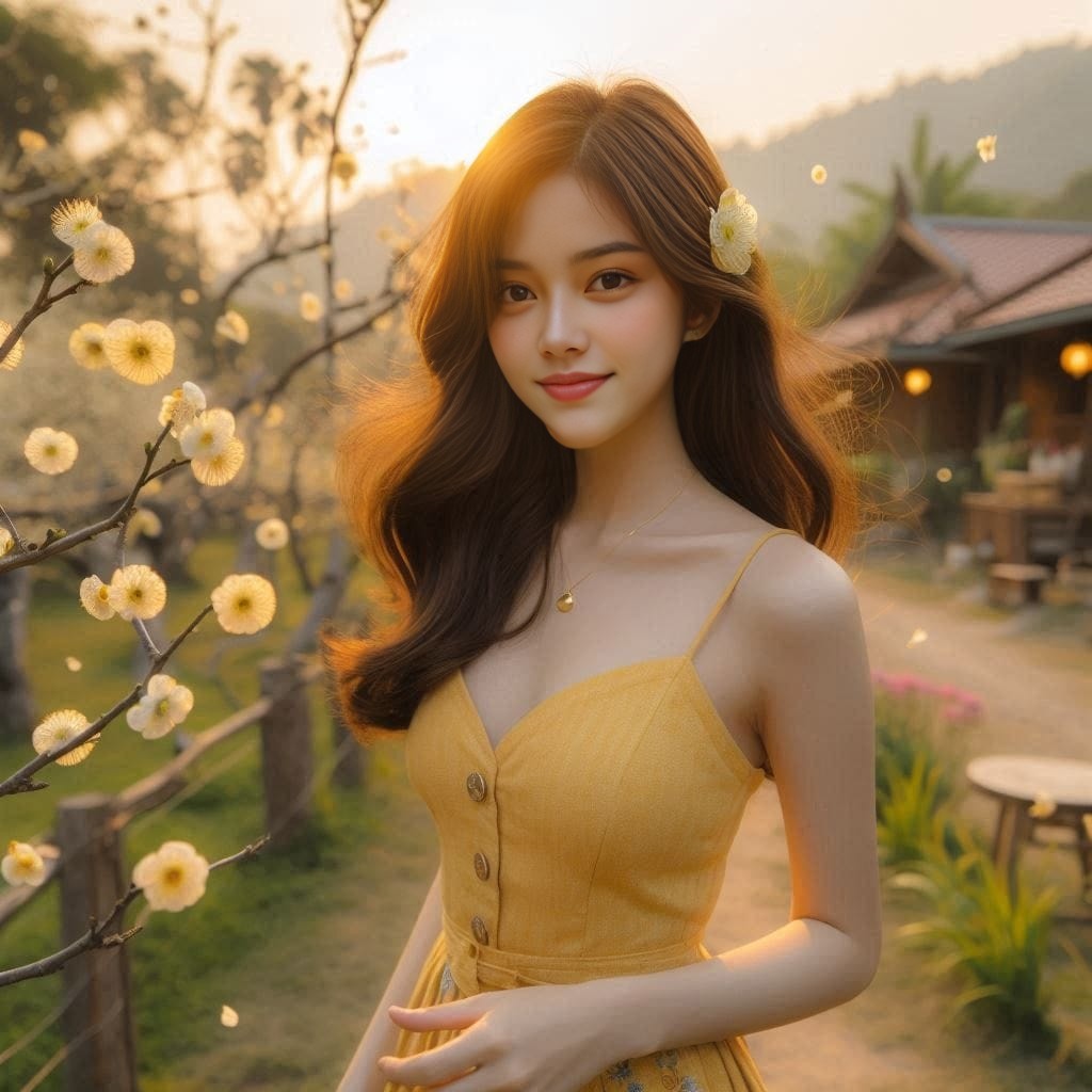 Uma mulher de vestido amarelo está em pé na frente de uma casa.