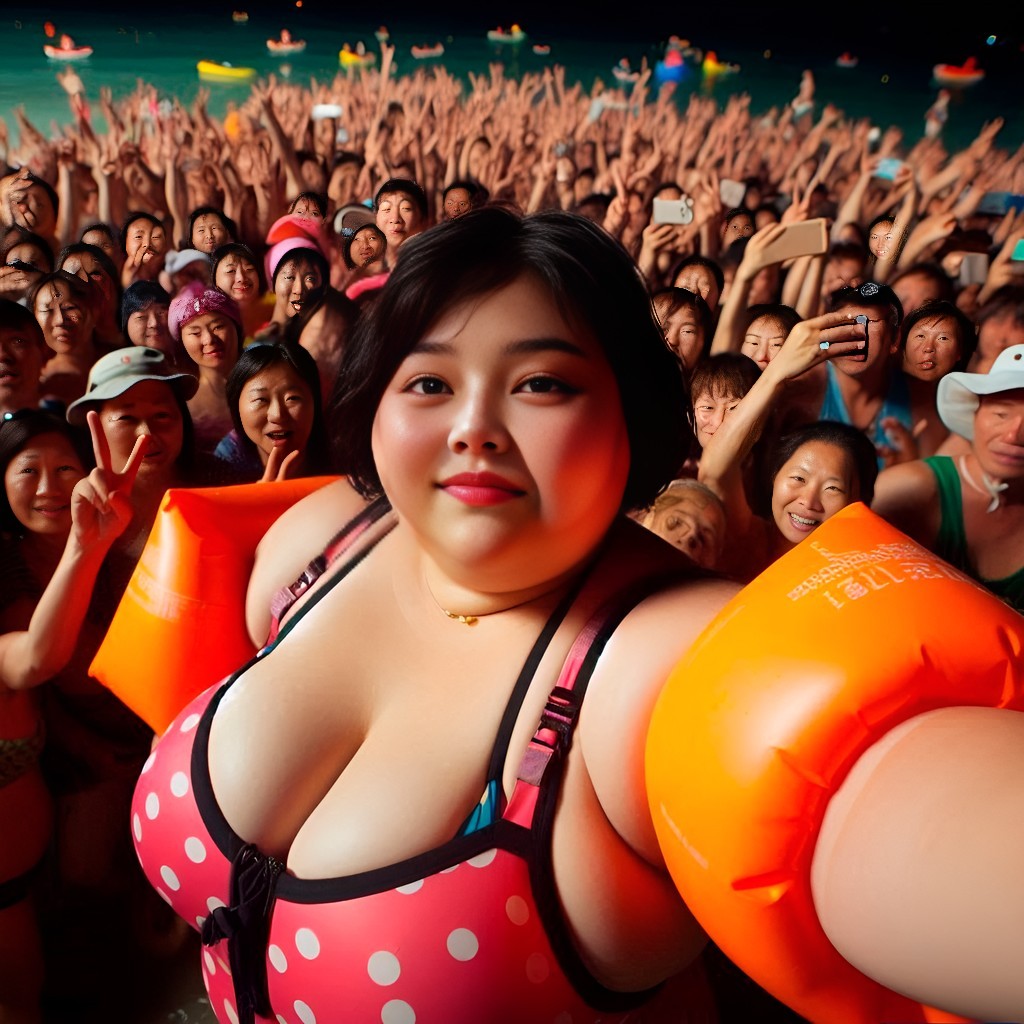 in a bikini taking a selfie with a crowd of people