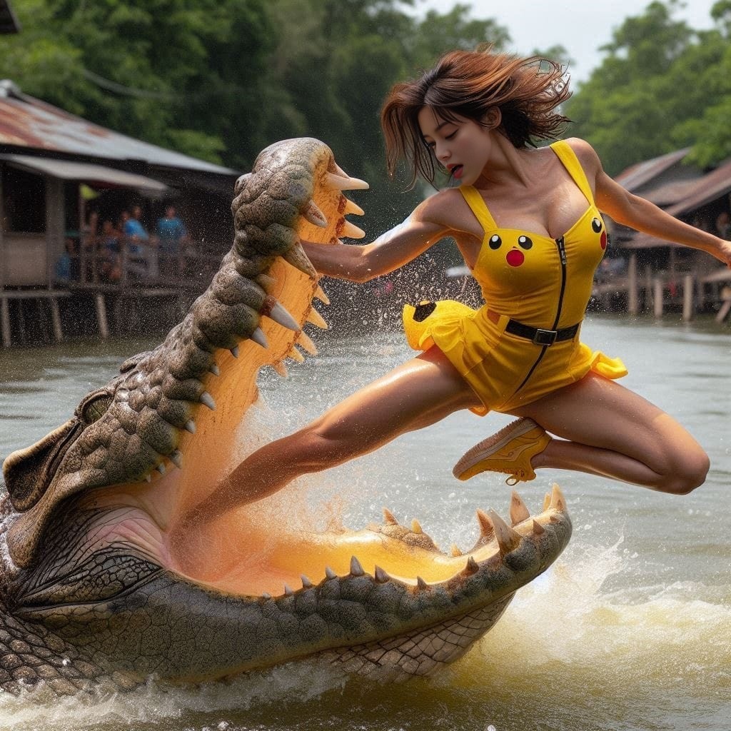 in a yellow dress jumping over a crocodile