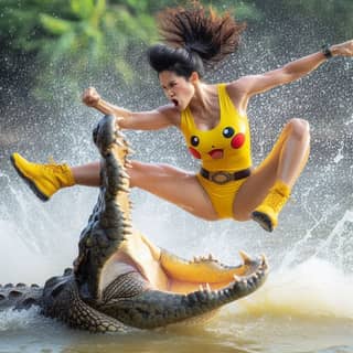 in a yellow outfit jumping over a crocodile