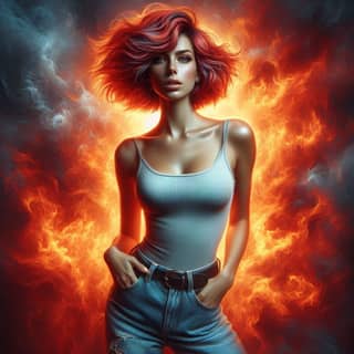 with red hair and blue jeans standing in front of a fire