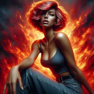 with red hair sitting on a chair in front of a fire