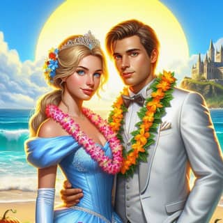 the cover of the game, the prince and princess are standing on the beach