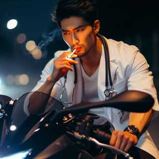 in a white coat smoking a cigarette on a motorcycle