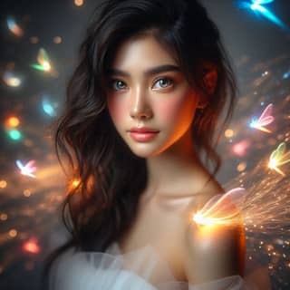 Uma mulher cercada por luzes coloridas.