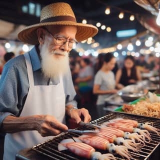 Un vieil homme portant un chapeau fait griller des calmars sur un grill.