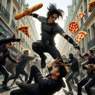 in a black outfit is jumping over pizza slices