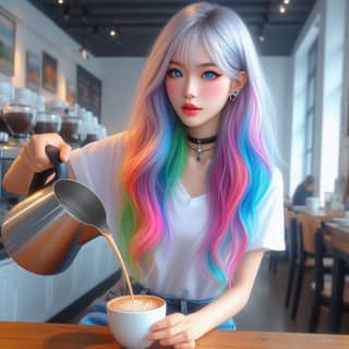 a girl with long hair and colorful hair pouring coffee into a cup