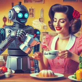 is holding a cup of coffee while a robot is sitting at the table