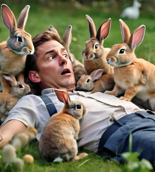 laying on the grass with a bunch of rabbits