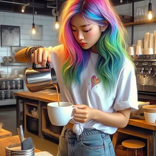 with rainbow hair pouring coffee into a cup