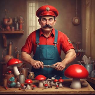 in a red apron is working on a table with mushrooms