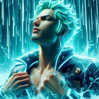 Un personnage d'anime aux cheveux bleus se tenant sous la pluie.