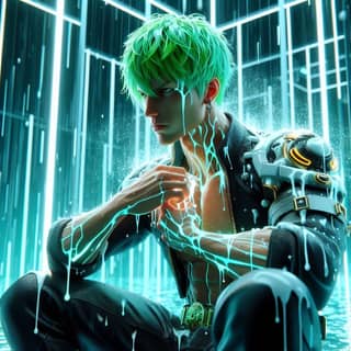 Personagens de anime com cabelo verde e tema de comediante.