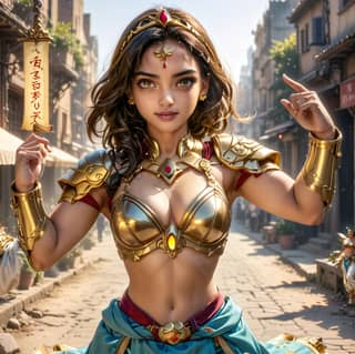 in a gold costume holding a sign