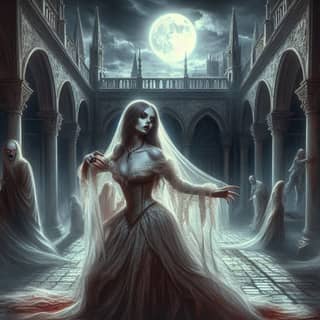 a gothic woman in a white dress is walking through a dark alley