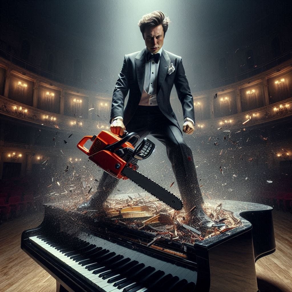 in a suit holding a chainsaw on a piano