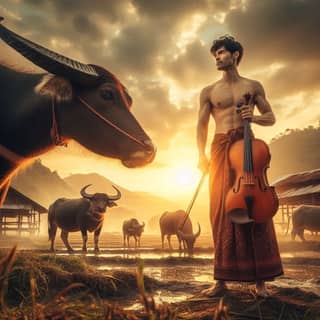 in a traditional thai outfit is playing a cello in front of a herd