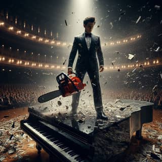 in a tuxedo holding a chainsaw on a piano