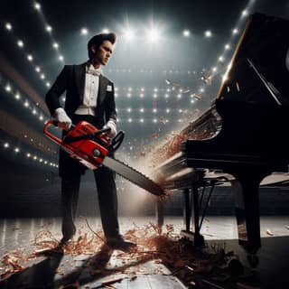 in a tuxedo is holding a chainsaw while standing next to a piano