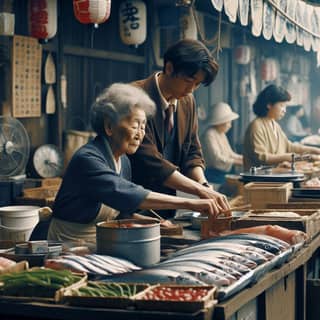 woman are standing in front of a market