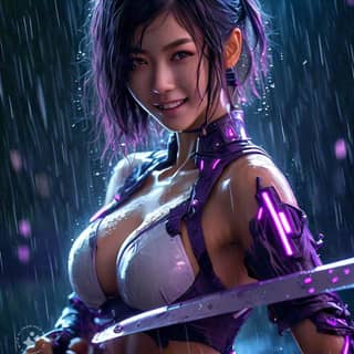 woman with purple hair holding a sword in the rain