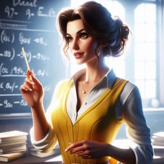 in a yellow dress holding a pencil