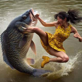 in a yellow dress is kicking a fish