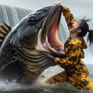 in a yellow raincoat is holding a large fish