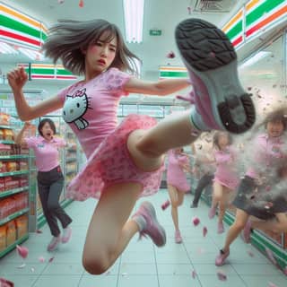 a girl kicking a hello kitty in a supermarket