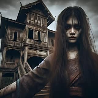 with long hair standing in front of a house