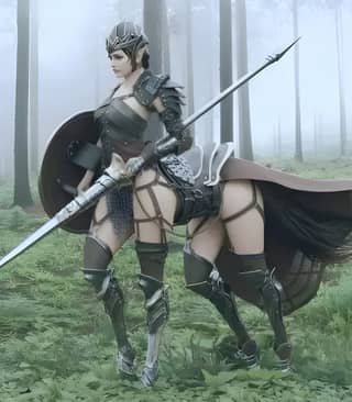 in armor holding a sword in the woods