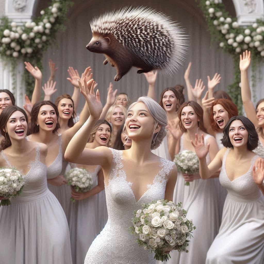 a bride and her bridesmaids are holding up a hedgehog