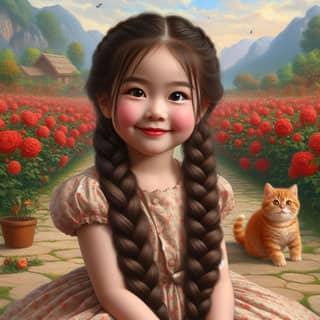 a little girl with braids and a cat