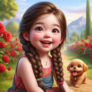 a little girl with braids and a dog in a field