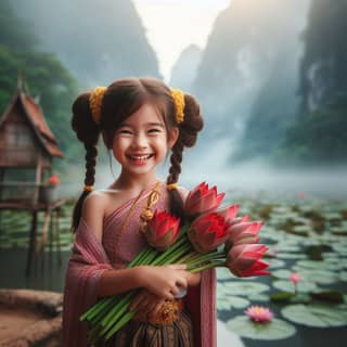 Seorang gadis kecil mengenakan baju tradisional Thailand sambil memegang bunga.