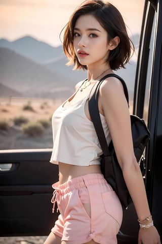 in shorts and a tank top leaning against the back of a car