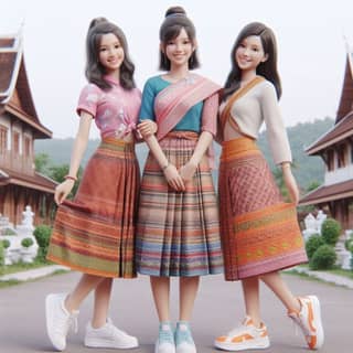 伝統衣装を着た3人のアジア人女性が写真を撮るポーズをとっています。