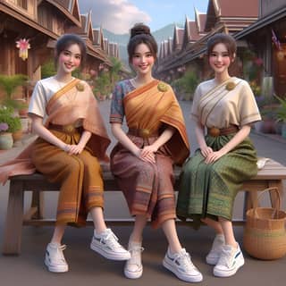 Trois femmes asiatiques en vêtements traditionnels assises sur un banc.