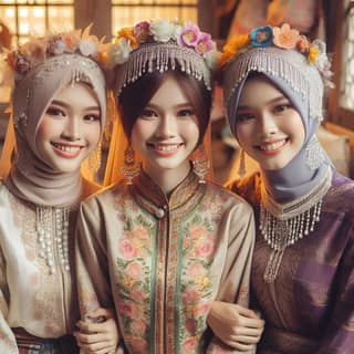 Tiga wanita dalam pakaian tradisional berpose untuk foto.