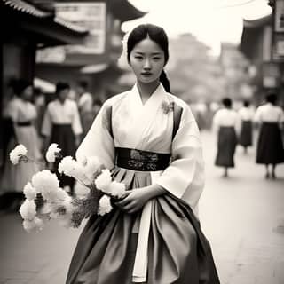 Vistiendo ropa tradicional coreana y sosteniendo flores.