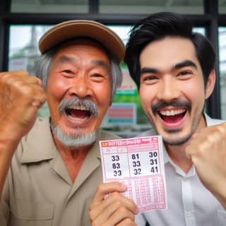 two men holding up a lottery ticket